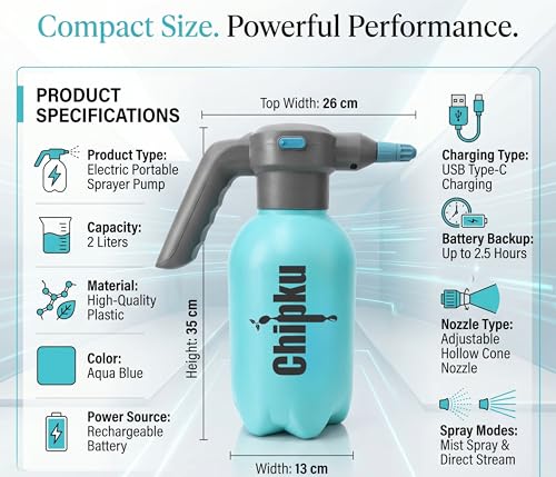 Image of Chipku 2L Electric Portable Automatic Plant Sprayer Pump with USB Type-C Charging | Adjustable Nozzle | Battery Indicator | Water Spray Bottle for Gardening, Car /Bike Wash, Home Cleaning & Sanitizing