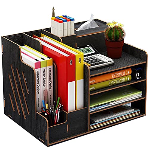 simfort Desk Organizers and Storage, Wooden Desktop Organizers and Accessories Set, Office Paper File Organizers for Desk,4-Tier Document Notebook Organizer with Tissue Box/Pen Holder