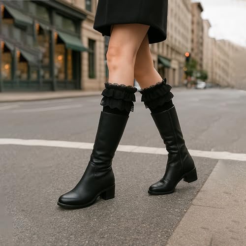 1 Pair of Womens Knit Boot Cuff Socks – Crochet Lace Trim Leg Warmers Toppers, Short Stretch Knitted Cuffs for Women, Solid Color Winter Warm Cuff Topper Gift (Black)4