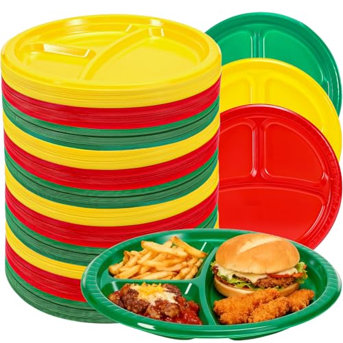 FYSUIMU 90Pcs Christmas 3 Compartment Divided Plates 10 Inch Red Green Yellow Plastic Disposable Party Dinner Plates for Xmas Party Holiday Birthday FYSUIMU 90Pcs Christmas 3 Compartment Divided Plates 10 Inch Red Green Yellow Plastic Disposable Party Dinner Plates for Xmas Party Holiday Birthday