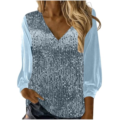 Women's Sequin Tops Sheer Long Sleeve Glitter Sparkly Party Blouse Velvet V-Neck Dressy Tops for Evening Party