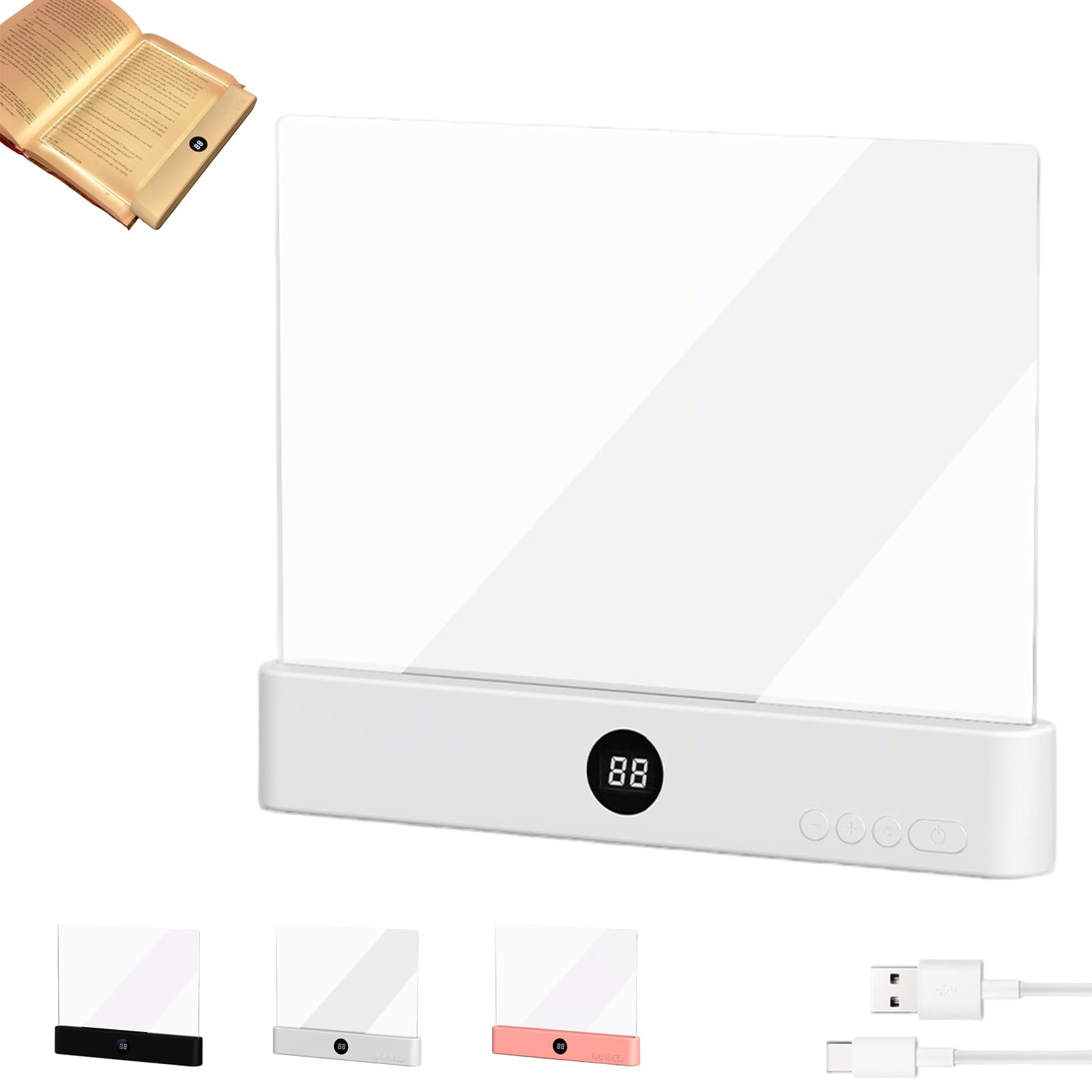 Smart Led Reading Book Light,Rechargeable Clear LED Flat Reading Light with 3 Colors & Timer, Student Eye Protection Night Lights, Flat Reading Lamp for Night Read-C