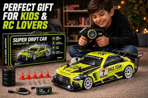 Image of 1:16 or 1 16 RC Drift Car, 2.4GHz Remote Control Racing Car, 4WD High Speed with LED Lights, Proportional Throttle, Extra Drift Wheels for Kids (Neon Green & Black)
