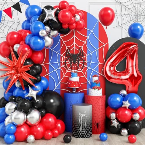 Decoração de aniversário criança 4 anos, vermelho azul preto balões kit, kit arco balões cor preto vermelho azul, 4 aniversários crianças vermelhas, balão pretos vermelhos azuis, para crianças festa