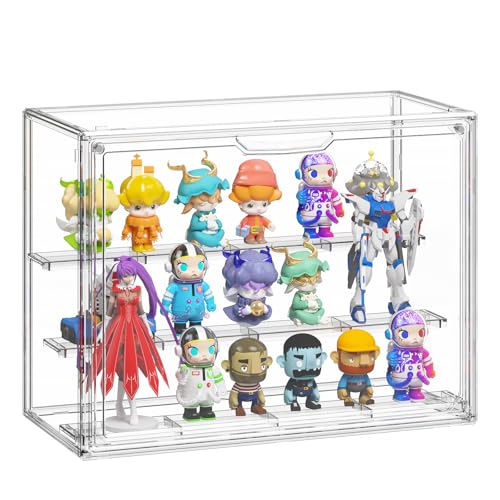 Henyol Clear Acrylic Display Case for Collectibles, 3 Tier Adjustable Figure Display Case with Magnetic Door, Stackable Acrylic Storage Box Cabinet Organizer for Display(Large Size)