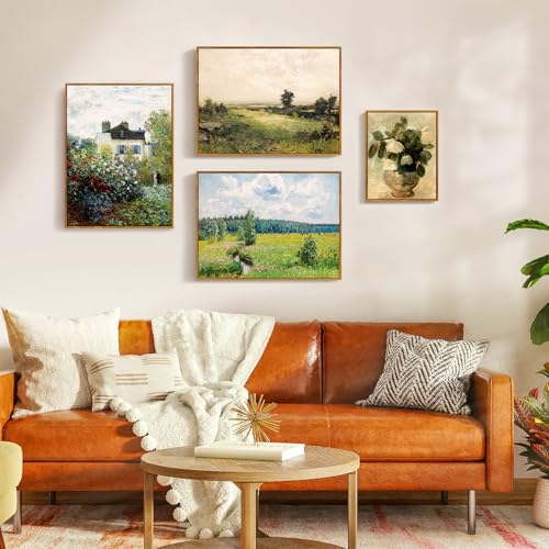 crmotu Framed Canvas Wall Art, Rustic Farmhouse Landscape Art Prints, Cottage Floral Garden Vintage Pictures, Retro Horizontal Wall Paintings for Living Room Bedroom Bathroom Office Gallery 20x30in