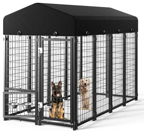 Guiferland Dog Kennel Outdoor, Large Outside Dog Kennel with Roof & Swivel Feeders/Removable Doggy Door Allow Connecting Your Dog House, Heavy Duty Dog Run Pen for Medium/Large Dogs (8'L x 4'W x 6'H)