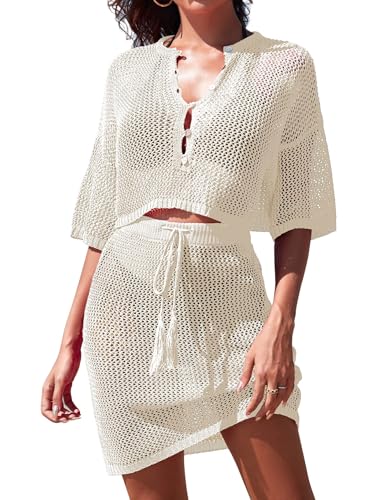 Pink Queen 2 Piece Crochet Swimsuit Cover Ups for Women Hollow Out Knitted Bathing Suit Bikini Coverup Beach V Neck Crop Top and Skirt Sets White L