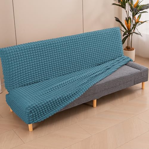 Image of HOKIPO 280 GSM Armless Sofa Cover for Sofa Cum Bed, Stretchable Elastic Futon Slipcover - 'Aria Nova' Medium, Tropical Teal (AR-6702-TL)