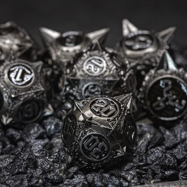 Sage's Portal Enchanted Morning Stars DND Dice Set 7-Pc Spiked Metal Polyhedral Dice for Dungeons and Dragons TTRPG Pathfinder (Nickel/Black)