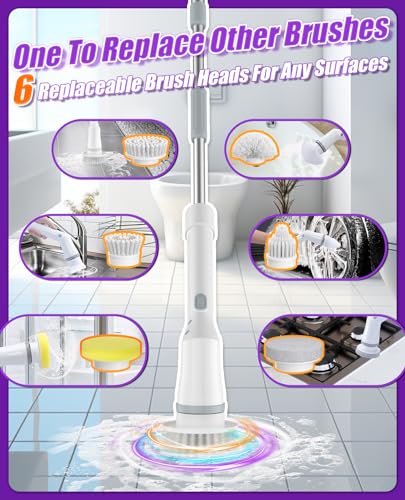 Image of 6-in-1 Cordless Electric Spin Scrubber with Long Handle | Power scrubber, bathroom scrubber, 47.2 in long handle, 2 speed scrub brush, IPX7 rated body, kitchen, tile, tub, floor