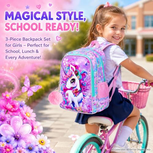 Image of HPJGD 3PCS Unicorn Backpack for Girls, Water Resistant Kids Bookbag Set with Lunch Box,Cute Elementary School Bag for Preschool Toddler