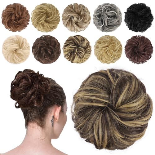 FESHFEN Moños Postizos Coleteros Pelo Mujer Postizos de Pelo Natural Rizado Ondulado Postizos Moño y Coletas Sintético Extensiones de Cabello, 42 g Castaño Oscuro y Rubio Champán