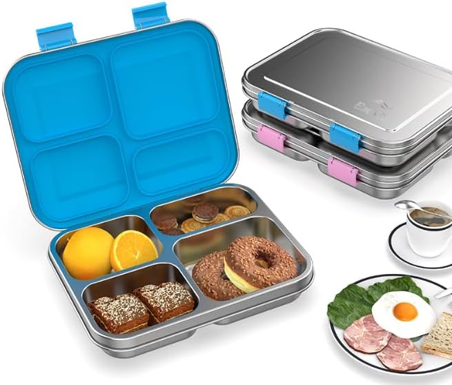Stainless Steel Bento Box Kids, Kids Metal Bento Lunch Box BPA Free Lunch Box Containers 304 Stainless Steel Bento Box for School and Office, 4_Grid (Blue)