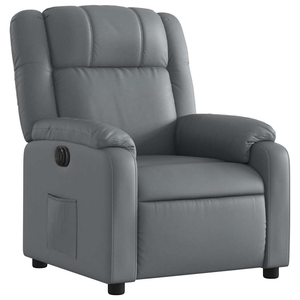 Fauteuil relax électrique gris en cuir synthétique avec fonction de couchage motorisée, inclinaison jusqu'à 135 degrés, accoudoirs rembourrés, poche latérale, jusqu'à 110 kg, pour salon et