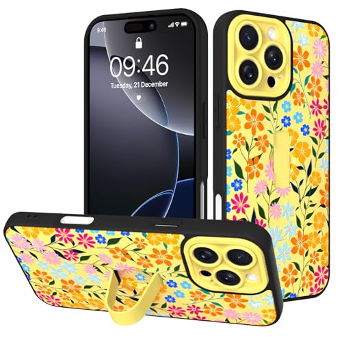 Image of for iPhone 16 Pro Max Case with Finger Strap Holder, Cute Colorful Floral Flower Print Pattern Design for Women Girls, Shockproof Anti Scratch Hand Kickstand Protective Cover, Yellow