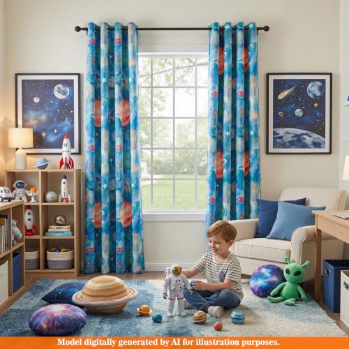 Image of MYSKY HOME Patterned Blackout Curtains 96 Inch Length Cartoon Galaxy Planets Printed Grommet Window Curtains Thermal Insulated for Kids Boys Girls Bedroom, Each Panel 52 inch W, Pack-2, Blue