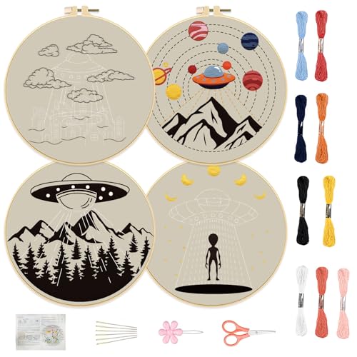 Image of FREEBLOSS 4 Set 8'' Embroidery Kit for Beginners UFO&Alien Pattern Embroidery Kit with Instructions Full Kit of Embroidery Cloth 2 Embroidery Hoops 9 Colors Flosses