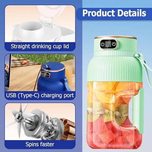 Multifunctional Portable Juicer Cup with Digital Display, Portable Blender with Direct Drinking Lid, Fresh Juice Large Capacity Travel Blender for Shakes and Smoothies (Cyan-Double cups and lids)