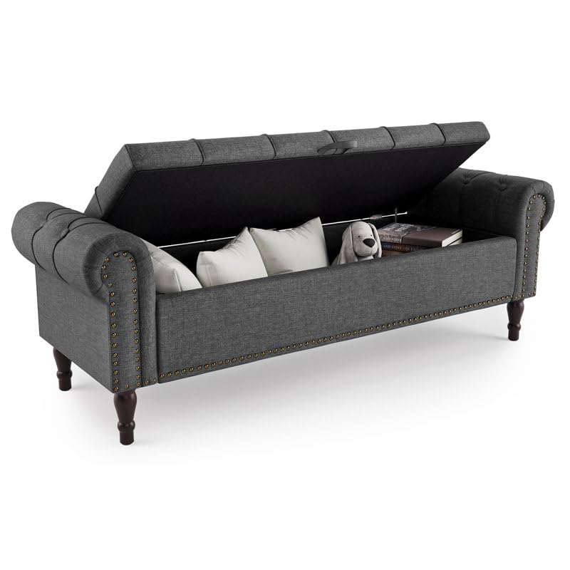 Image of 3-Seater Upholstered Ottoman Bench with Storage | Grey |62.4 x 20.1 x 20.7 Inch| Elegant Multi-Purpose with 6-Inch Wooden Legs for Living Room, Bedroom, Entryway