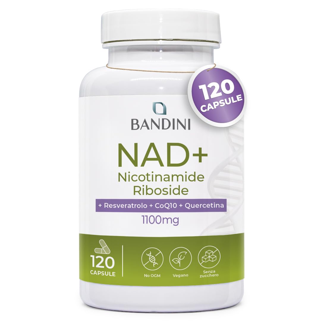 Bandini® NAD+ Liposomiale 120 Capsule Vegane | 1100mg per dose giornaliera | NAD con Nicotinamide Riboside Cloruro, Quercetina, Resveratrolo, Coenzima Q10 | Anti-Age, Energia Cellulare, No OGM, Vegan