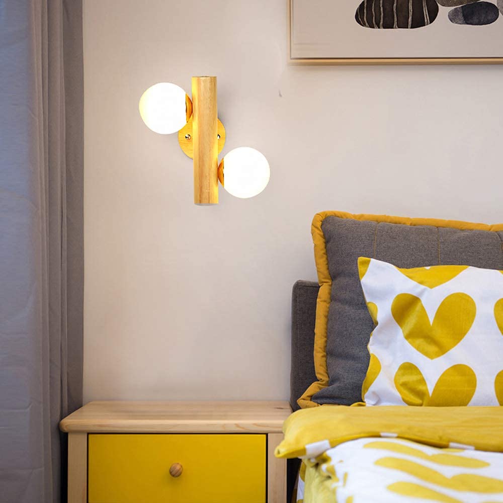 Lampade da parete in legno E27 Lampada da parete per interni moderna semplice 360 gradi rotazione fai-da-te regolabile con lampada da comodino con paralume in vetro globo per camera da letto