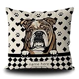 MALIHONG Personalized Cute Dog Polka Dot Pillow Cover Peeking Dog English Bulldog Buffalo Checked Plaid Paw Bone Home Decor Square Cushion Pillowcase 20x20 Inch