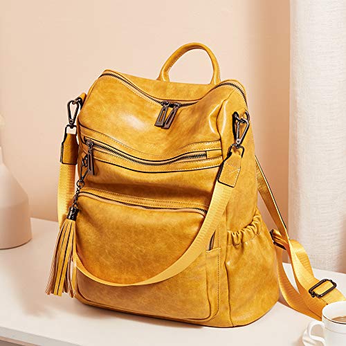 Image of Backpack Purse for Women Fashion Two Toned Leather Designer Travel Large Ladies Shoulder Bags with Tassel yellow