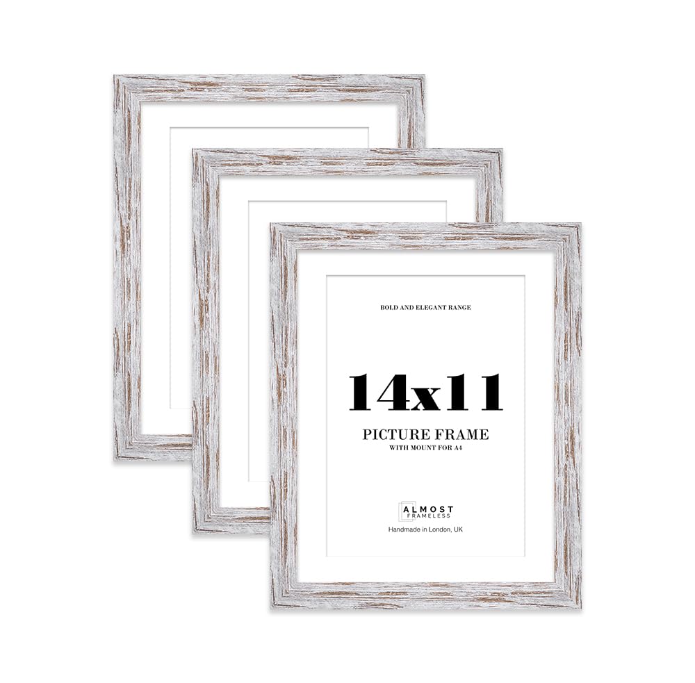 14x11 Distressed Wood Frame With Mount for A4 Pictures 28mm Edge Portrait and Landscape Display with Wall Hooks and Kickstand, 3 Pack