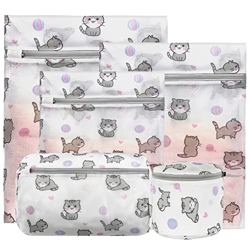 Image of Xducom Mesh Laundry Bags for Delicates with Cute Prints,Set of 5 Lingerie Bags for Washing Delicates,Delicates Laundry Bags for Bra,Lingerie,Underwear,Sock(CAT)
