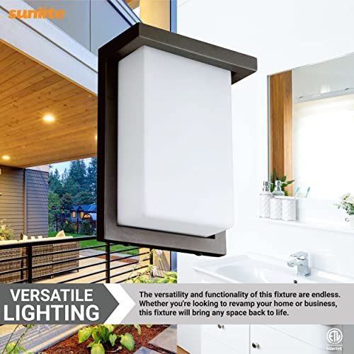 Image of Sunlite 88673 8 inch Modern LED Wall Sconce Light, Outdoor Fixture, Adjustable 3 CCT 3000K-5000K, 12 Watts, 600 Lumens, Opal Shade, Oil Rubbed Bronze, Indoor for Bathrooms, Garage, Hallways & Entryways