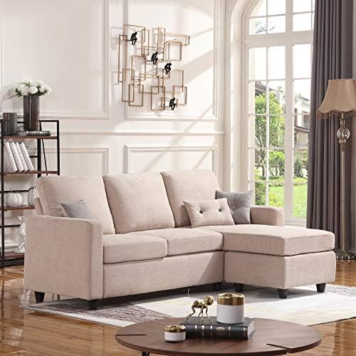 HONBAY L Shaped Couch with Linen Fabric,Convertible, Reversible Sectional Sofa for Small Space, Dark Beige