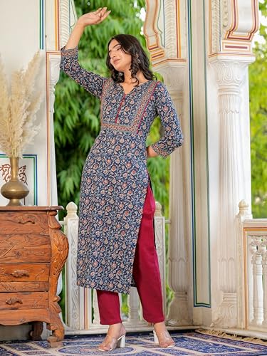 Image of Vbuyz Women Floral Print with Yoke Details Straight Cotton Stitched Kurta