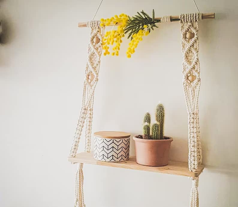 Macrame Wall Hanging Shelf Pine Wood Floating Shelve with Wooden Dowel Modern Chic Woven Décor for Dorm Living Room Nursery, Style 2275-07