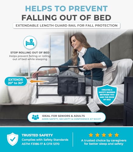 Father's Day Gifts for Men over 50-Gifts for Dad That Actually Support His Health After Fifty 23 Stander EZ Adjust Bed Rail, Adjustable Senior Bedrail and Safety Assist Railing for Elderly Adults with Organizer Pouch, ASTM Safety Approved Guard-Rail, Black