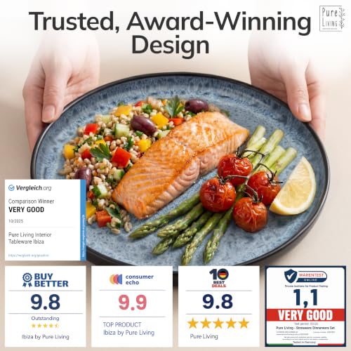 Image of 24 Piece Stoneware Dinnerware Set for 8, Handmade Plates and Bowls Set | Reactive Glaze Coating, Dishwasher & Microwave Safe Dish Set, Chip & Scratch Resistant Dishware Set, Ibiza Smoke Blue