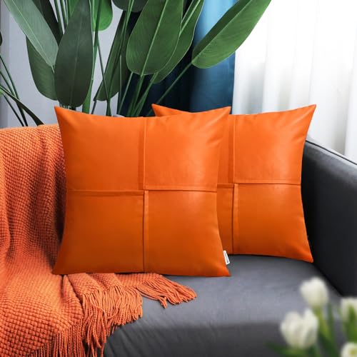 Image of BRAWARM Faux Leather Throw Pillow Covers 16 X 16 Inches, Orange Leather Pillow Covers Pack of 2, Hand Stitched Leather Decorative Throw Pillows for Couch Sofa Bed Living Room Home Garden
