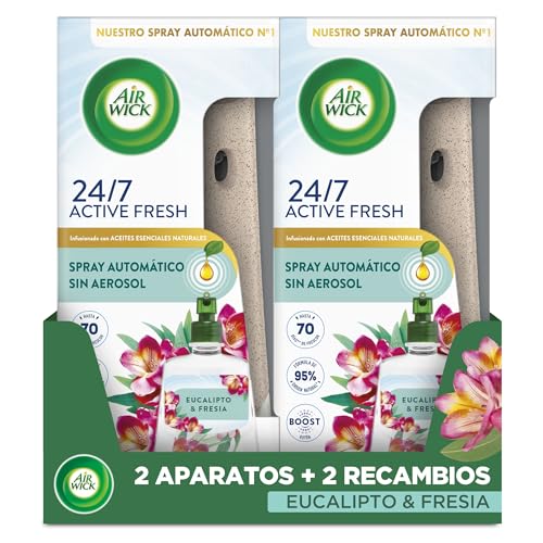 Air Wick Active Fresh Spray Automatico Sin Aerosol - Ambientador para casa con aroma a Eucalipto y Fresia - 2 Aparatos y 2 recambios