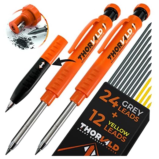 THORVALD 2 Carpenter Pencils Set for Construction - Incl. 38 Leads + Sharpener + Finger Grip - Solid Mechanical Pencils with Fine Point/Best Marking tools Construction/Carpenters/Scriber