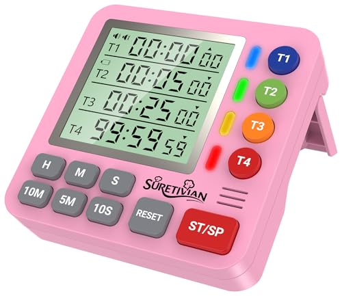 キッチンタイマー 4チャンネル デジタルタイマー 大画面 アラーム・静音切替 カウントアップ/カウントダウン タイマー ・卵・勉強・教室・運動用 電池付 (ピンク)