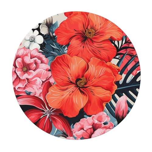 XYFCS Round Fitted Tablecloth Retro Tropical Flower Palm Leaf Table Cloth with Elastic Edged Waterproof Wipeable Round Table Cover for Patio Parties Outdoor Decor, 45