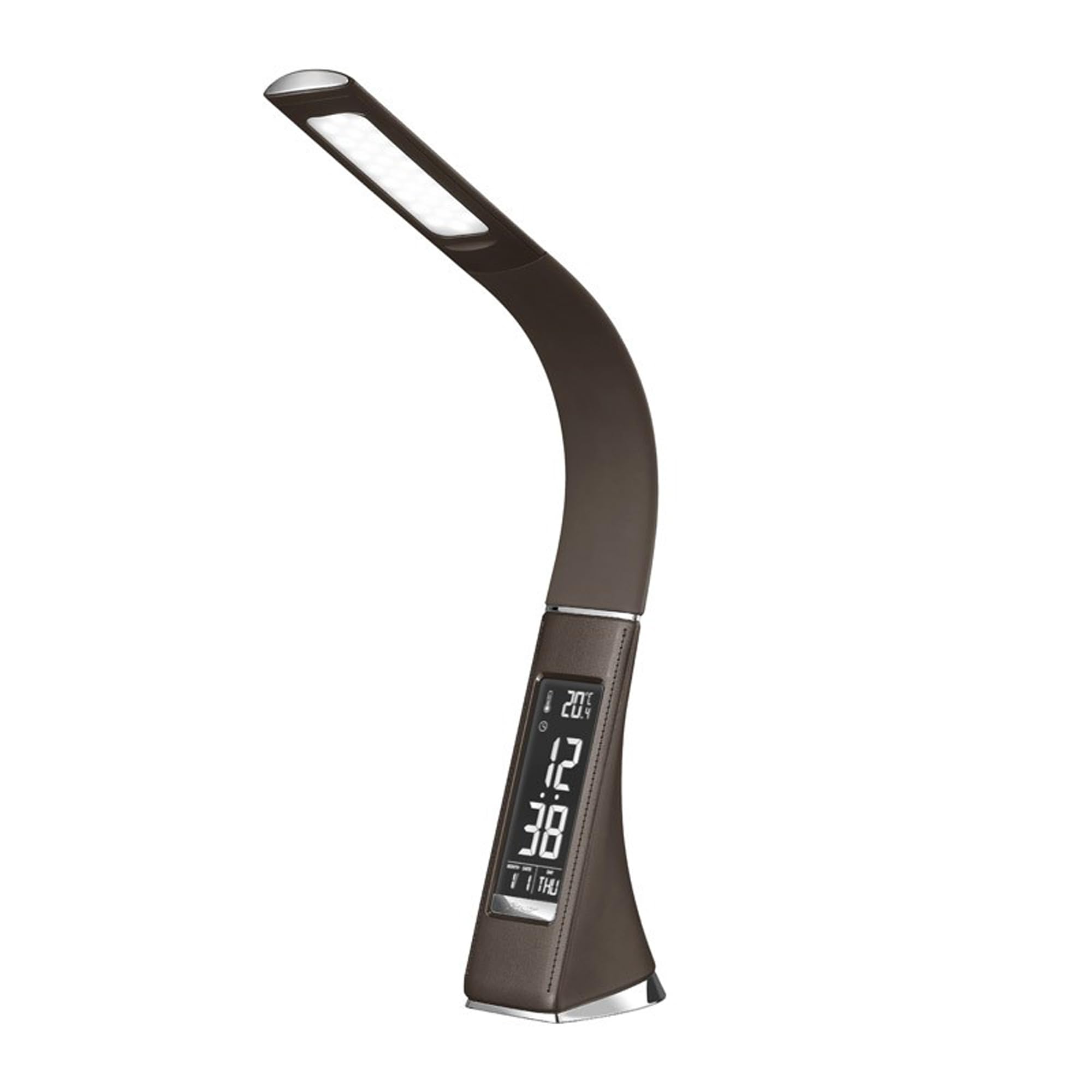 wonderlamp - Flexo escritorio LED con reloj, Pipo, Lámpara de escritorio Táctil, 5W con Intensidad Luz Regulable, Cuero Marrón