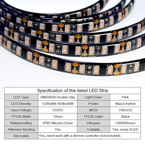 Image of Super Bright Black PCB 12V SMD5630(0.4w) LED Strip Lights Without Power Supply, IP65 Waterproof, Pack of 16.4ft /5M (600LED-Pink)