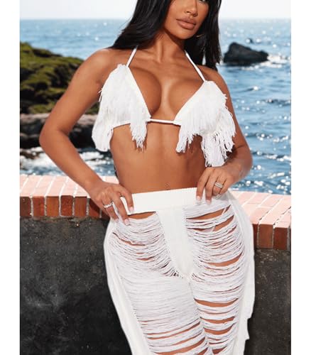 KANSOON Two Piece Sets for Women Sexy Crochet Outfits Halter Top Fringe Pants Summer Party Clubwear2