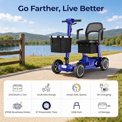 Image of Lightweight Mobility Scooter for Seniors & Adults - Airline & Cruise Approved, 45lb Portable Motorized Scooters with Dual Battery for 24.8 Miles Range, Pneumatic Tires, Blue