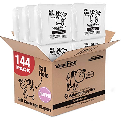 ValueFresh Disposable Diapers for Female Dogs, Medium, 144 Count - Full Coverage w/Tail