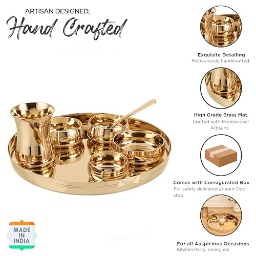 Image of The healing store 7-Piece Kansa Solid Dinner Set|Shine Finish|1 Plate (11.5 inch Thali),3 Bowls,1 Glass,1 Sweet Dish Plate,1 Spoon | Bronze Kansa Dinner Set 7 Shine Polish