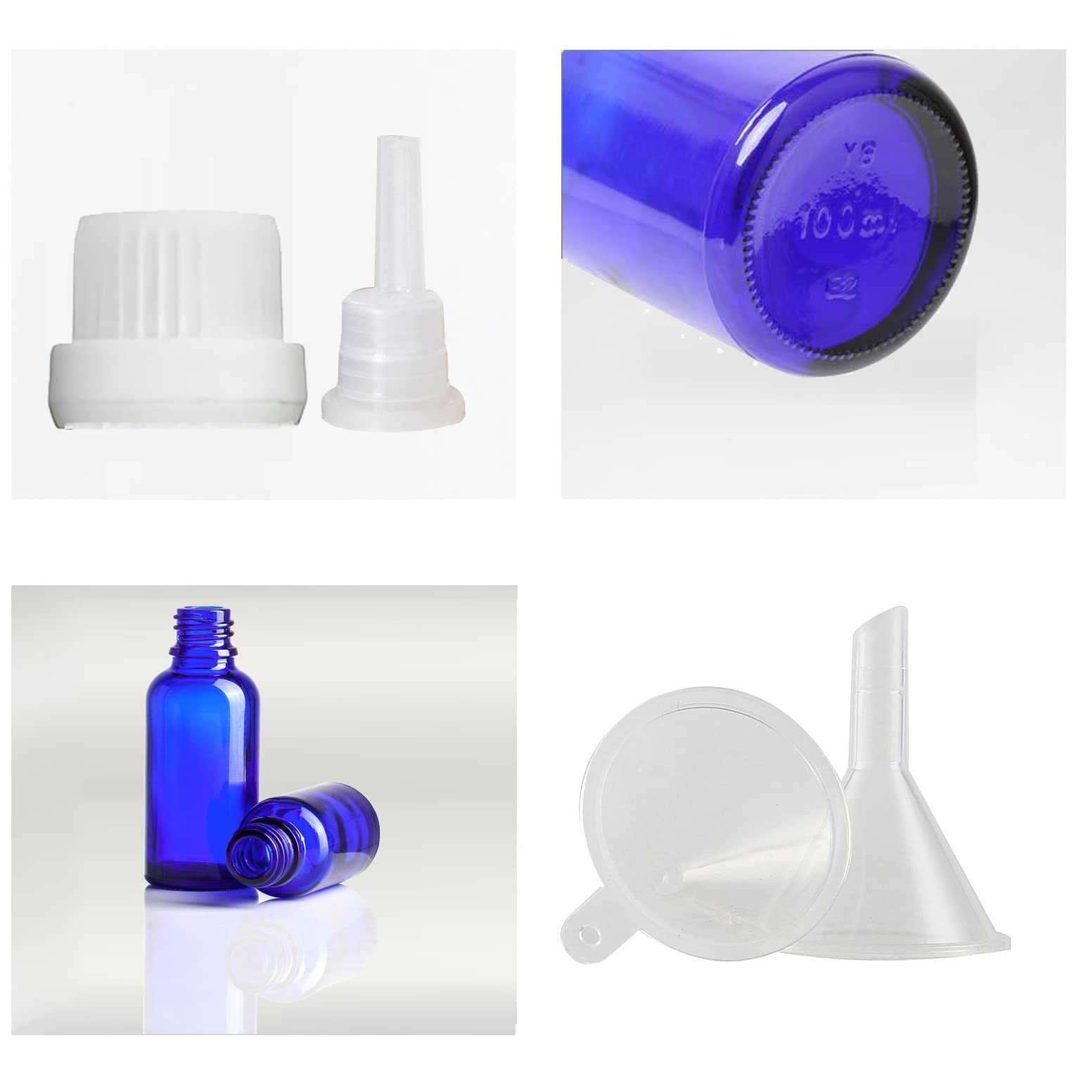 12 Piezas 100ml Botella de Cristal Azul con Tapón Cuentagotas Blanco con Obturador, Frasco de Vidrio con Tapón a Rosca a Prueba de Manipulaciones para Cosmético, Aromaterapia, Viajes