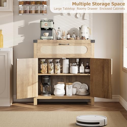 GarveeHome Rattan Sideboard Buffet Cabinets with Storage, Farmhouse Kitchen Accent Storage Cabinet with Drawer, Boho Wooden Coffee Bar Cabinet for Dining Room, Living Room, Hallway, Natural