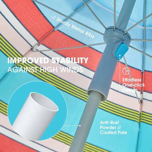 BLUU 7FT Beach Umbrella, SPF60+ Sun Protection Portable Sunshade Umbrella with Sand Anchor, Tilt, Carry Bag, for Sand Outdoor Beach Trip (Stripe Sky Blue and Red) - Thumbnail 4